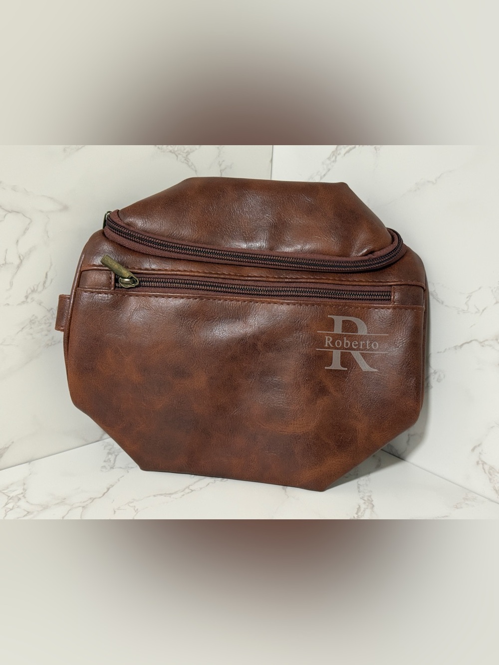 Toiletry Bag - Brown Faux Leather - Roberto Monogram